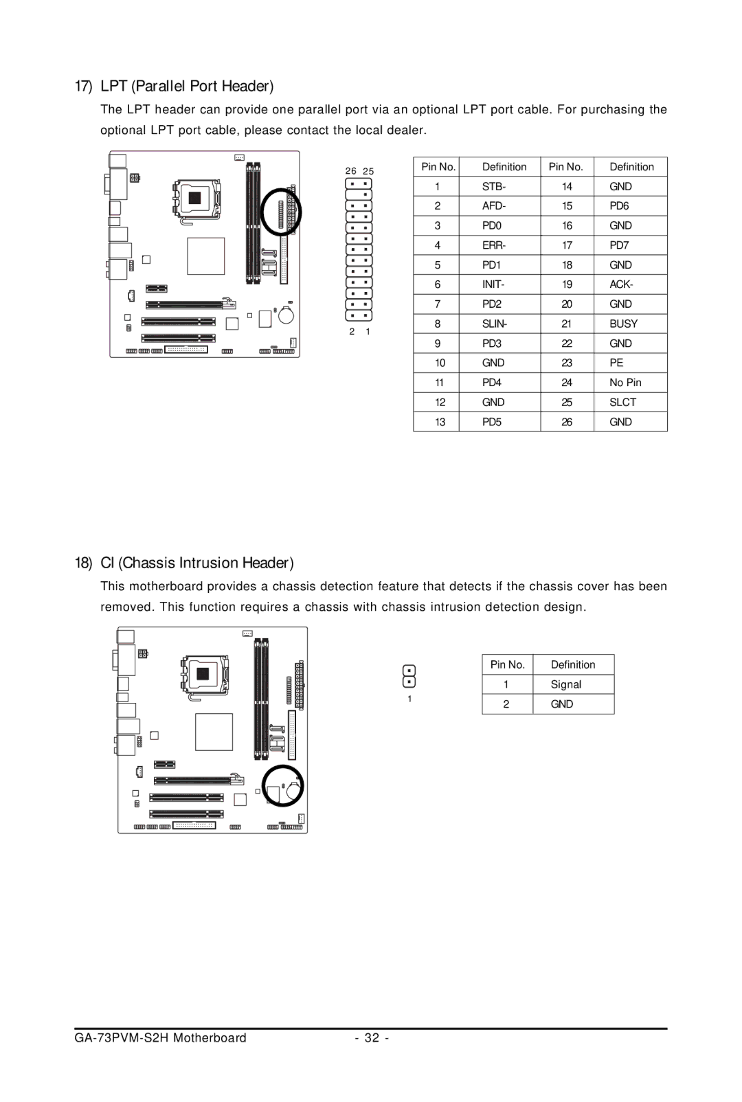 Gigabyte GA-73PVM-S2H user manual LPT Parallel Port Header, CI Chassis Intrusion Header 