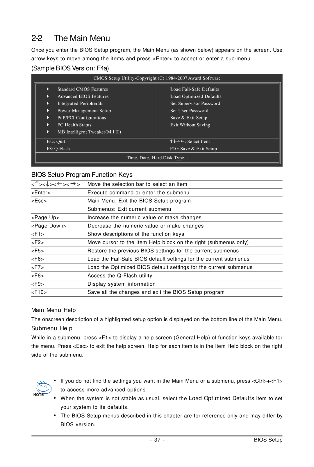 Gigabyte GA-73PVM-S2H user manual Main Menu, Sample Bios Version F4a, Bios Setup Program Function Keys 