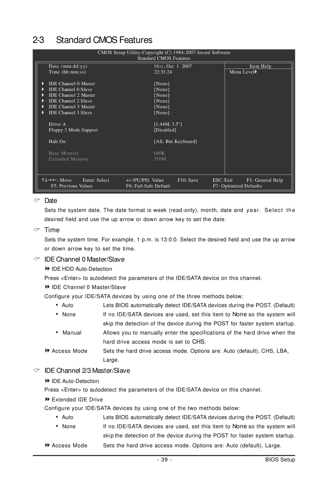 Gigabyte GA-73PVM-S2H user manual Date, Time, IDE Channel 0 Master/Slave, IDE Channel 2/3 Master/Slave 