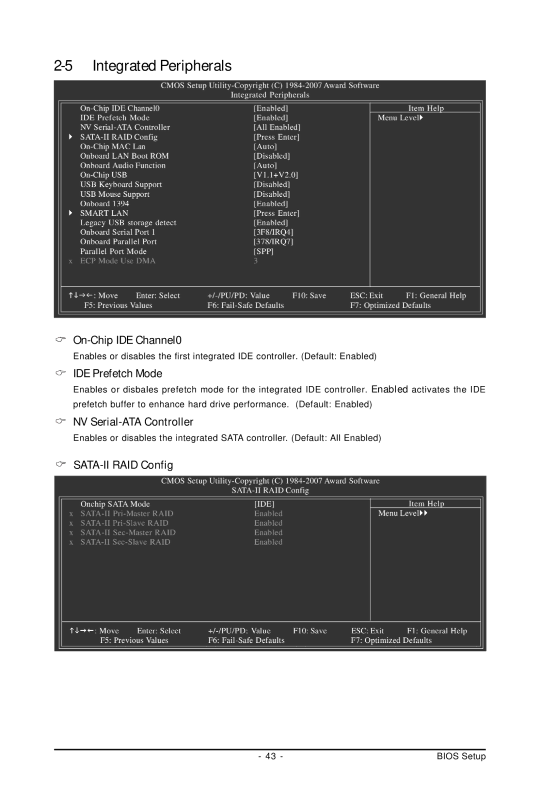 Gigabyte GA-73PVM-S2H user manual On-Chip IDE Channel0, IDE Prefetch Mode, NV Serial-ATA Controller, SATA-II RAID Config 