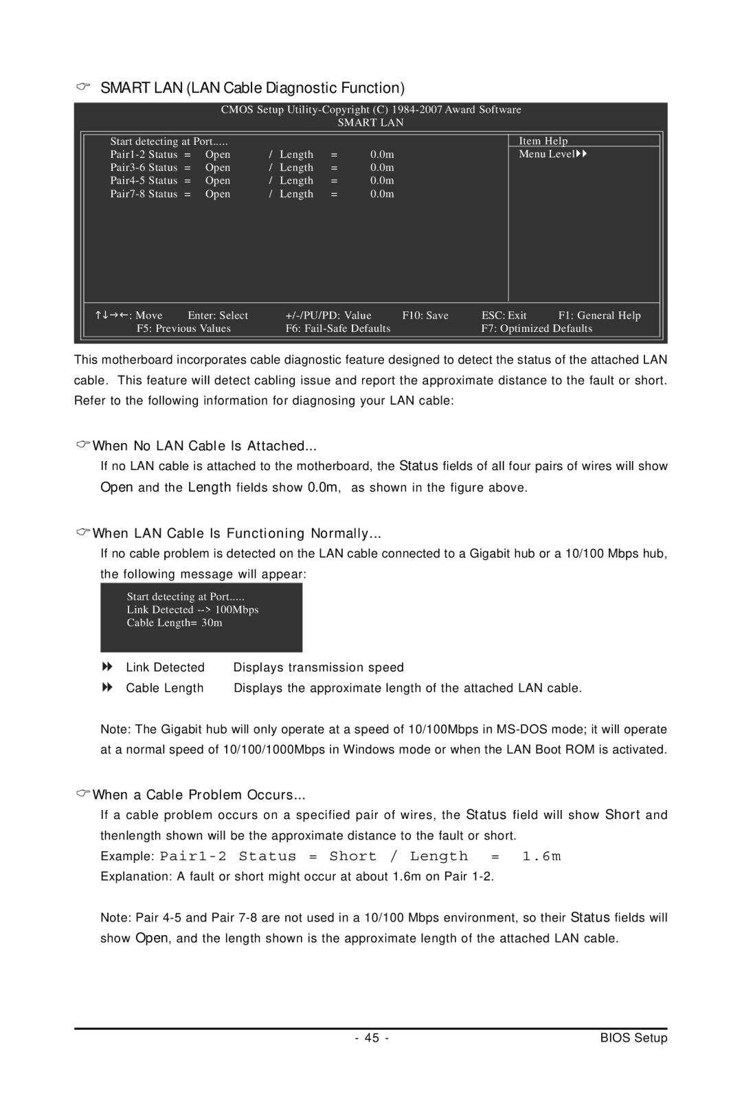 Gigabyte GA-73PVM-S2H user manual Smart LAN LAN Cable Diagnostic Function, When No LAN Cable Is Attached 