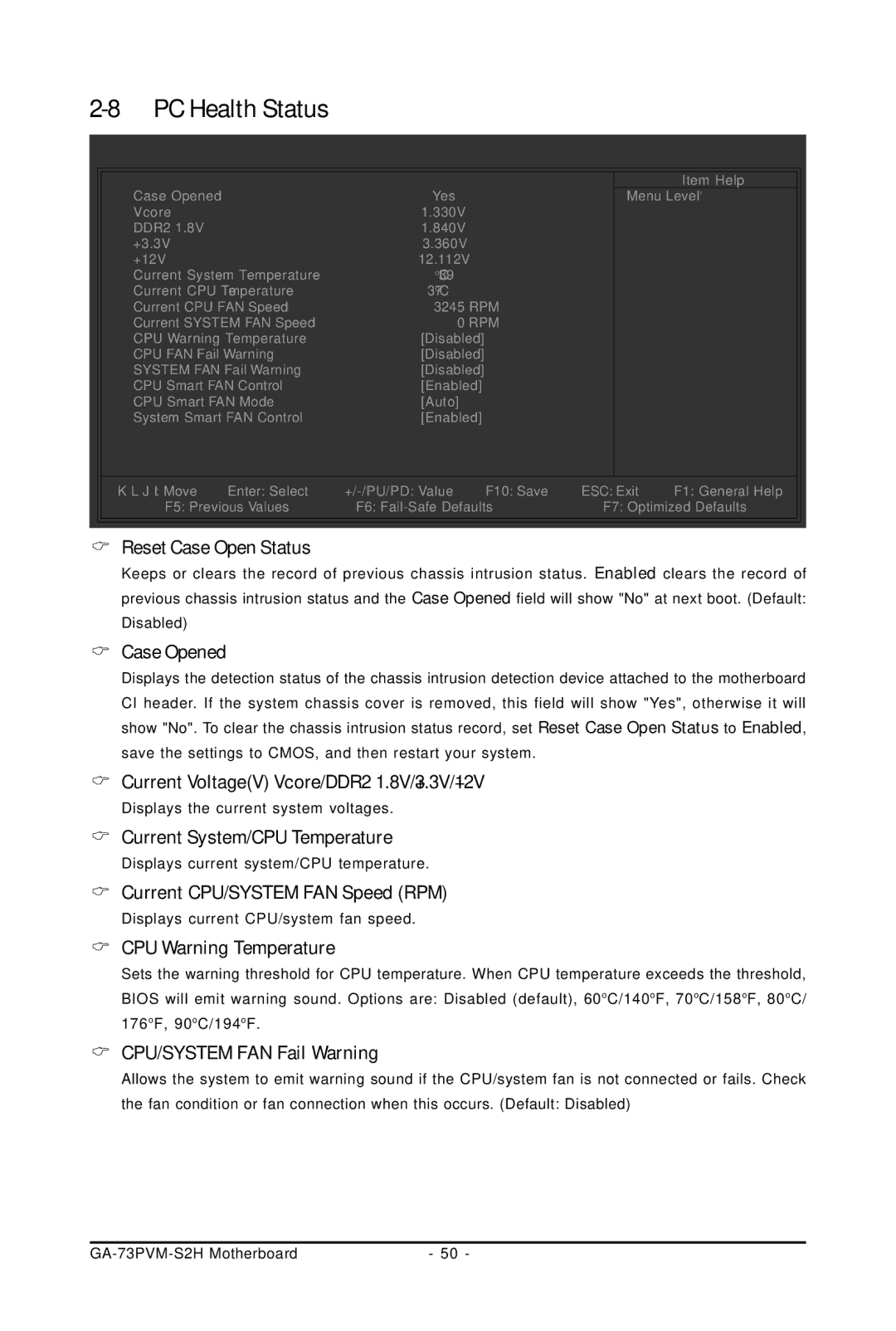 Gigabyte GA-73PVM-S2H user manual Reset Case Open Status, Case Opened, Current VoltageV Vcore/DDR2 1.8V/+3.3V/+12V 