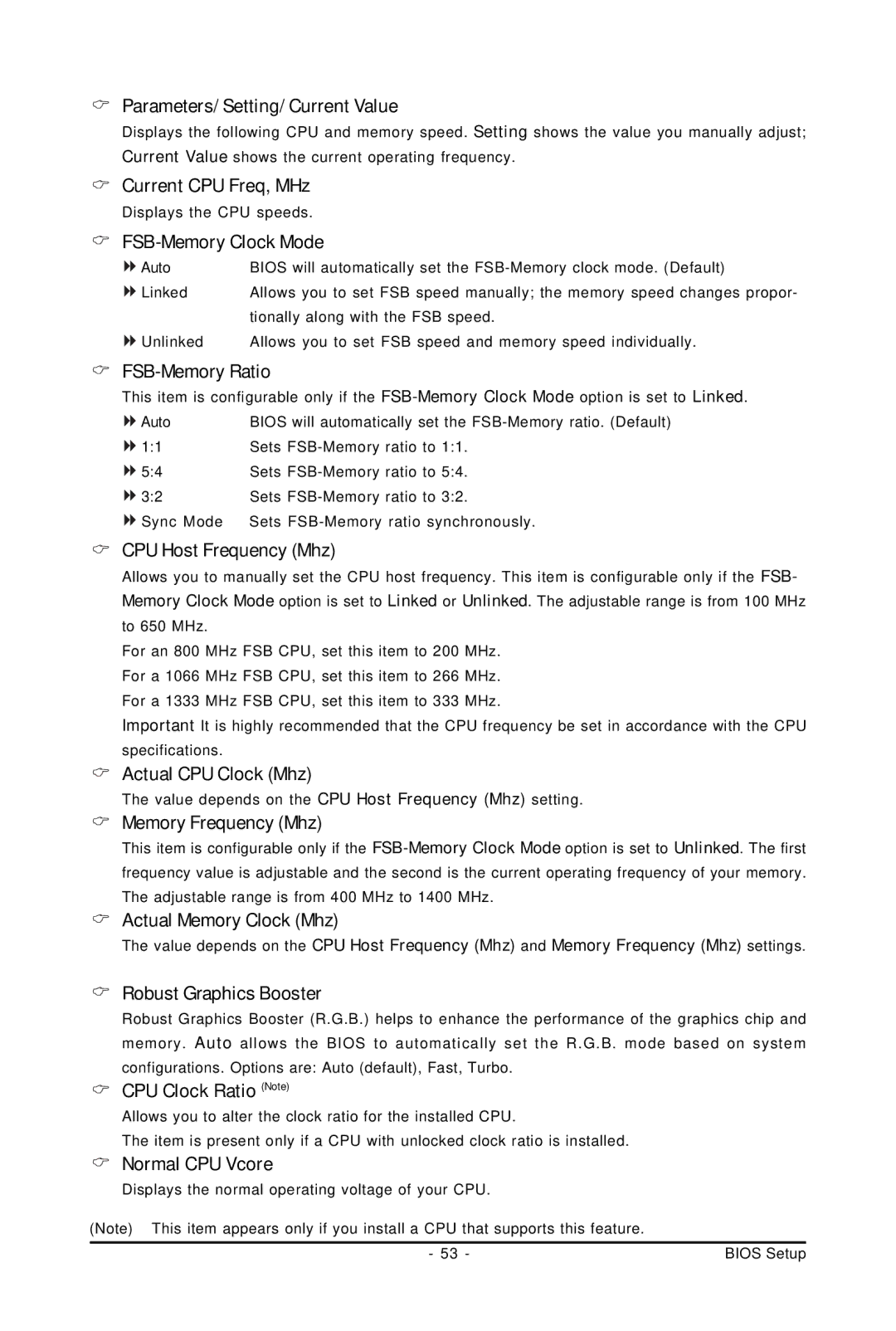 Gigabyte GA-73PVM-S2H Parameters/ Setting/ Current Value, Current CPU Freq, MHz, FSB-Memory Clock Mode, FSB-Memory Ratio 