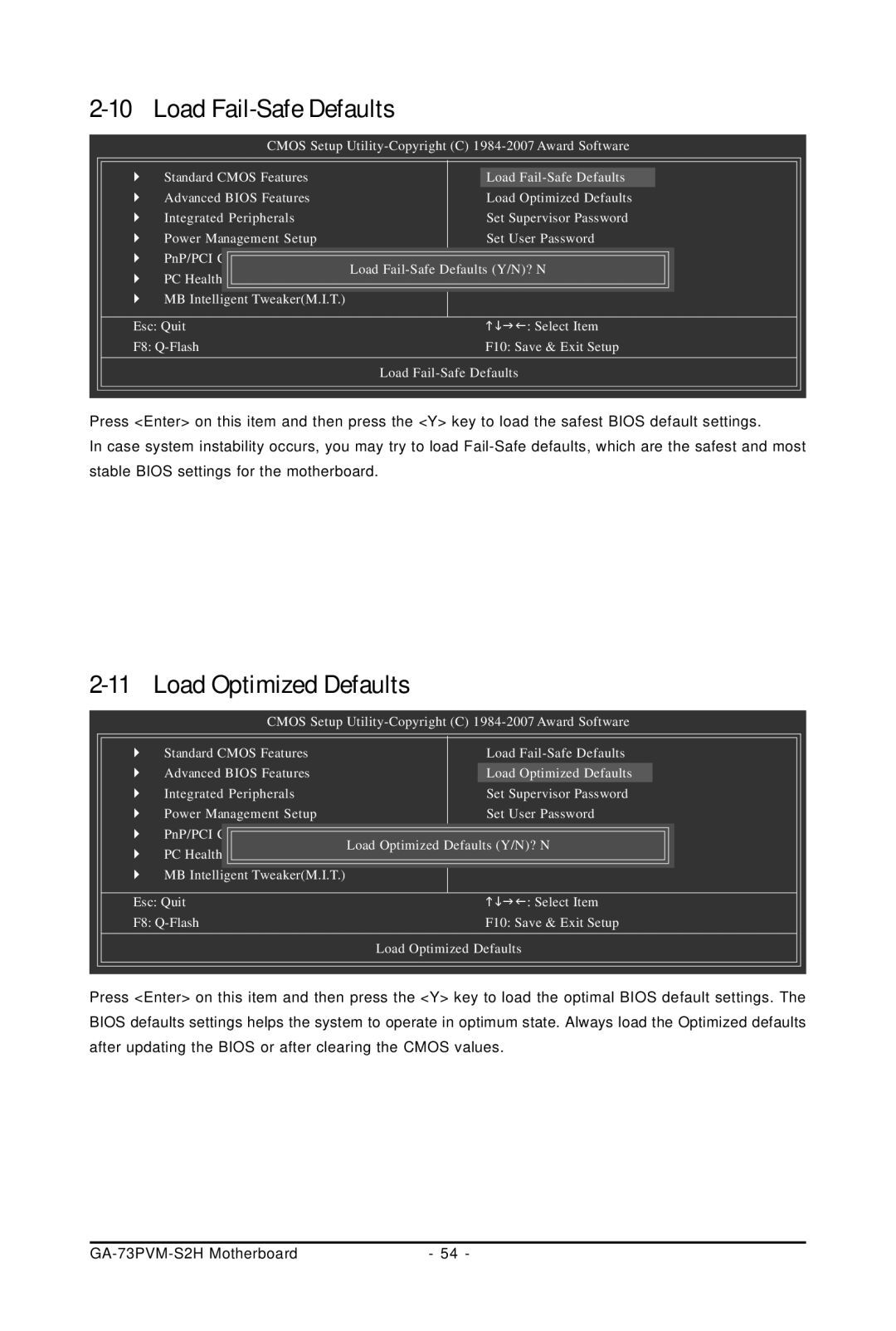 Gigabyte GA-73PVM-S2H user manual Load Fail-Safe Defaults, Load Optimized Defaults 