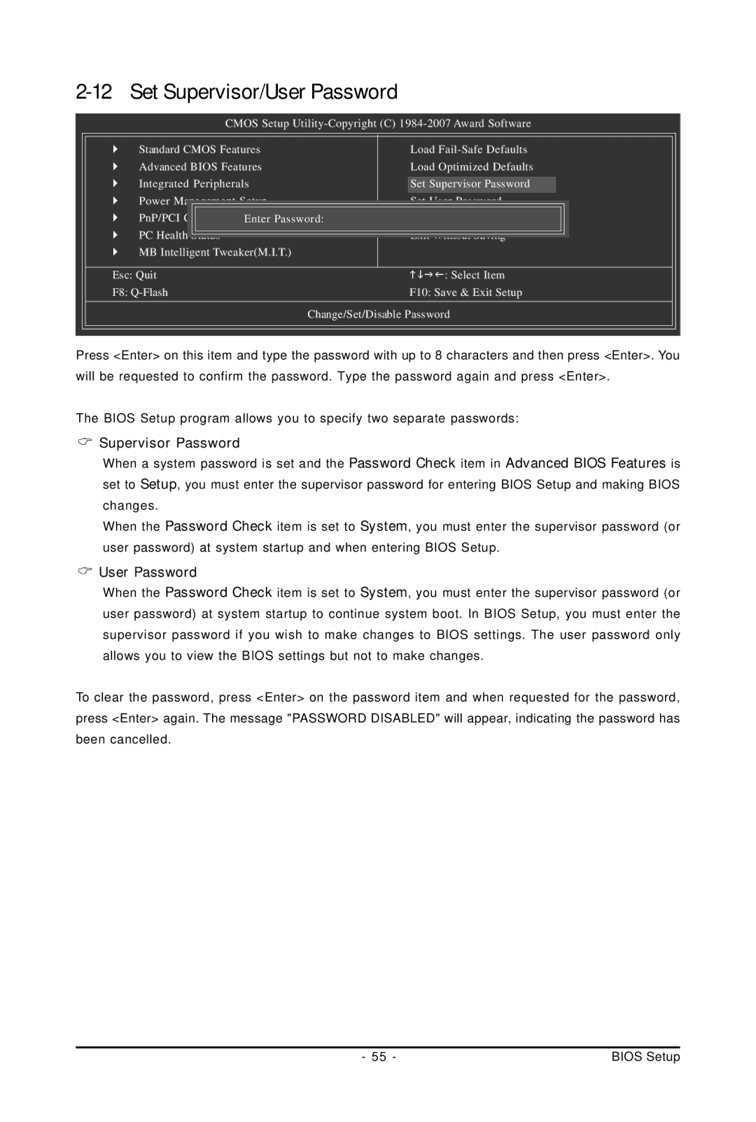 Gigabyte GA-73PVM-S2H user manual Set Supervisor/User Password 