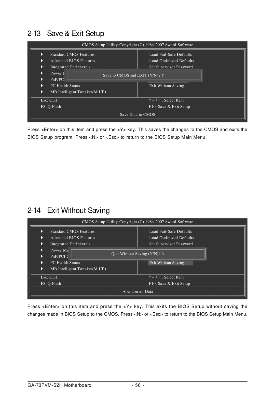 Gigabyte GA-73PVM-S2H user manual Save & Exit Setup, Exit Without Saving 