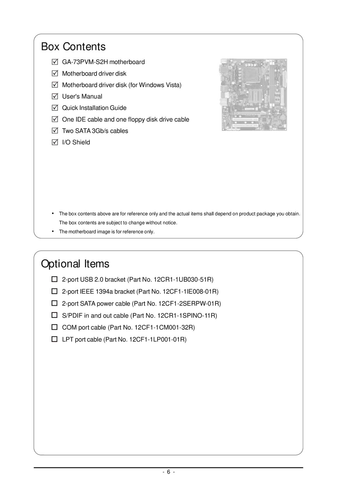 Gigabyte GA-73PVM-S2H user manual Box Contents 