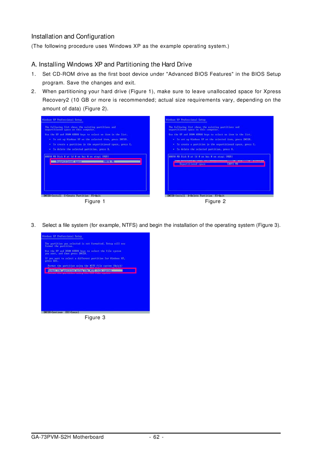 Gigabyte GA-73PVM-S2H user manual Installation and Configuration, Installing Windows XP and Partitioning the Hard Drive 