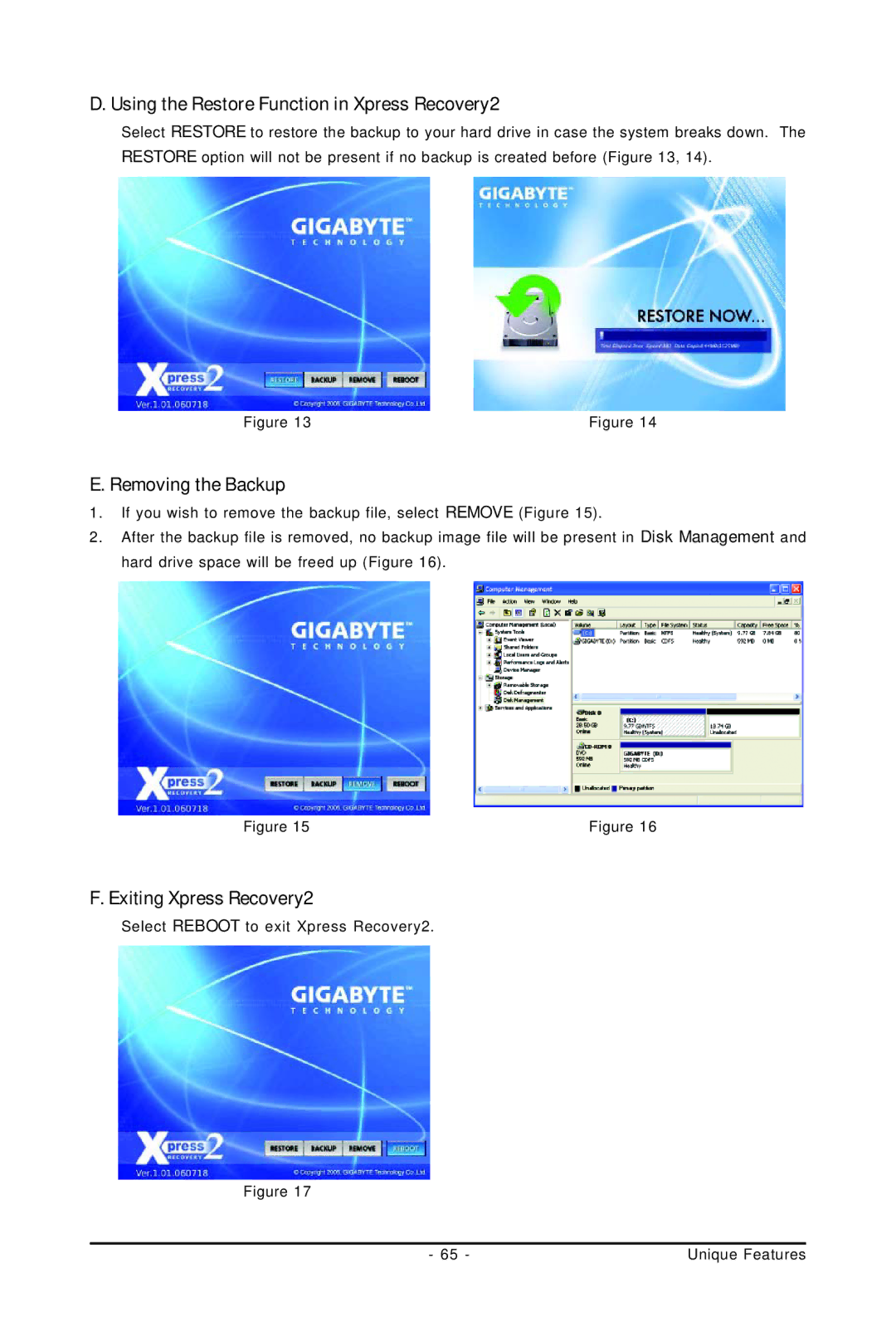 Gigabyte GA-73PVM-S2H Using the Restore Function in Xpress Recovery2, Removing the Backup, Exiting Xpress Recovery2 