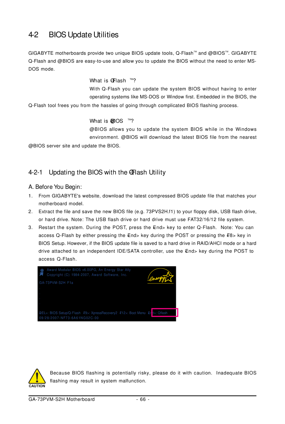 Gigabyte GA-73PVM-S2H user manual Bios Update Utilities, Updating the Bios with the Q-Flash Utility 