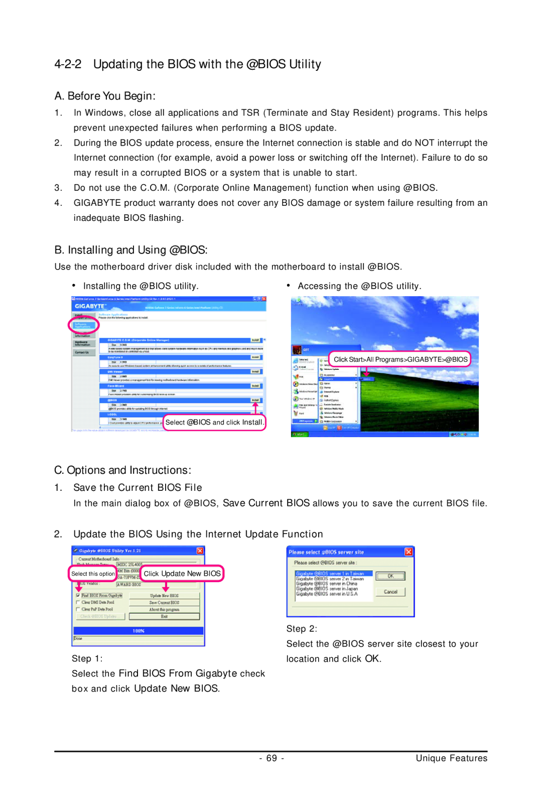 Gigabyte GA-73PVM-S2H Updating the Bios with the @BIOS Utility, Installing and Using @BIOS, Options and Instructions 