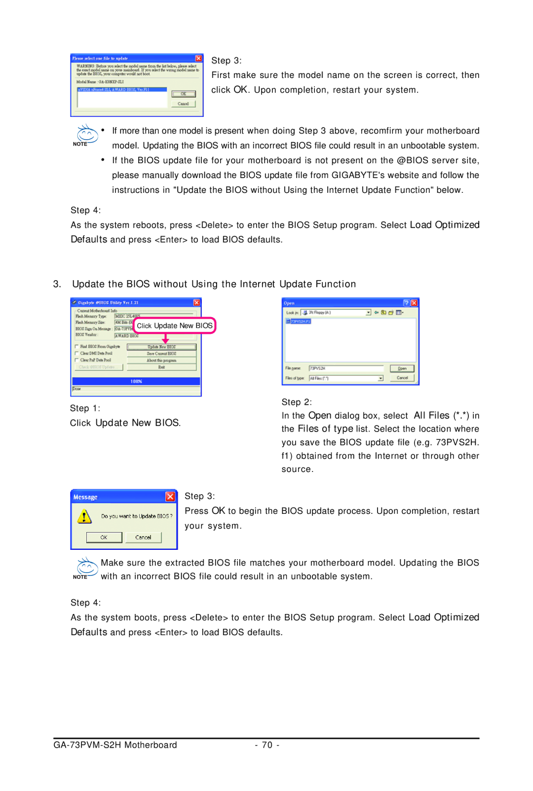 Gigabyte GA-73PVM-S2H user manual Update the Bios without Using the Internet Update Function 