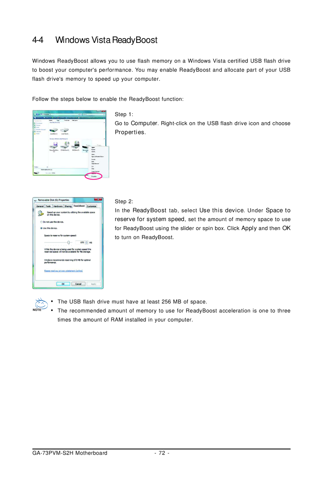 Gigabyte GA-73PVM-S2H user manual Windows Vista ReadyBoost 