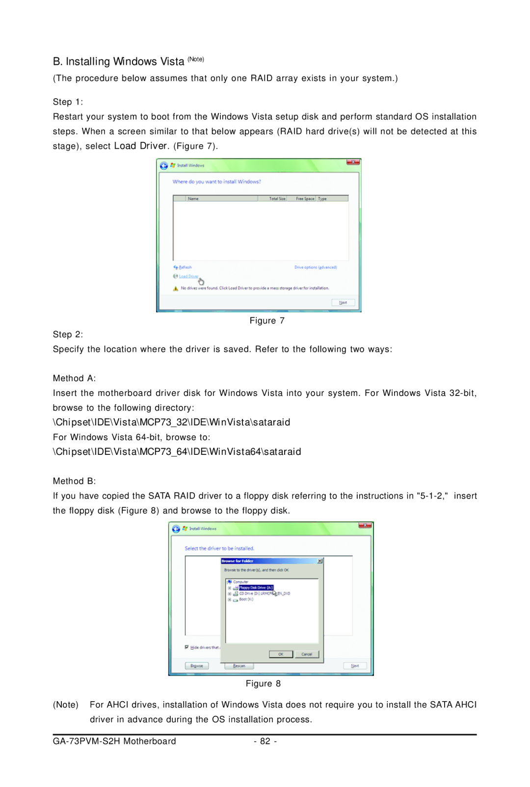 Gigabyte GA-73PVM-S2H user manual Installing Windows Vista Note, Chipset\IDE\Vista\MCP7364\IDE\WinVista64\sataraid 