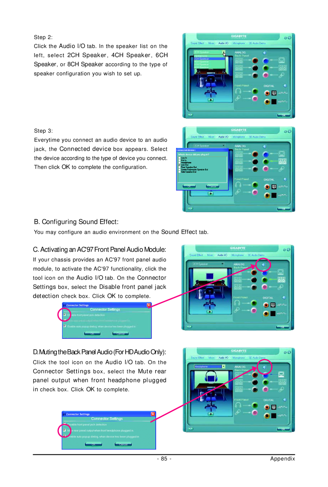 Gigabyte GA-73PVM-S2H user manual Configuring Sound Effect, Activating an AC97 Front Panel Audio Module 