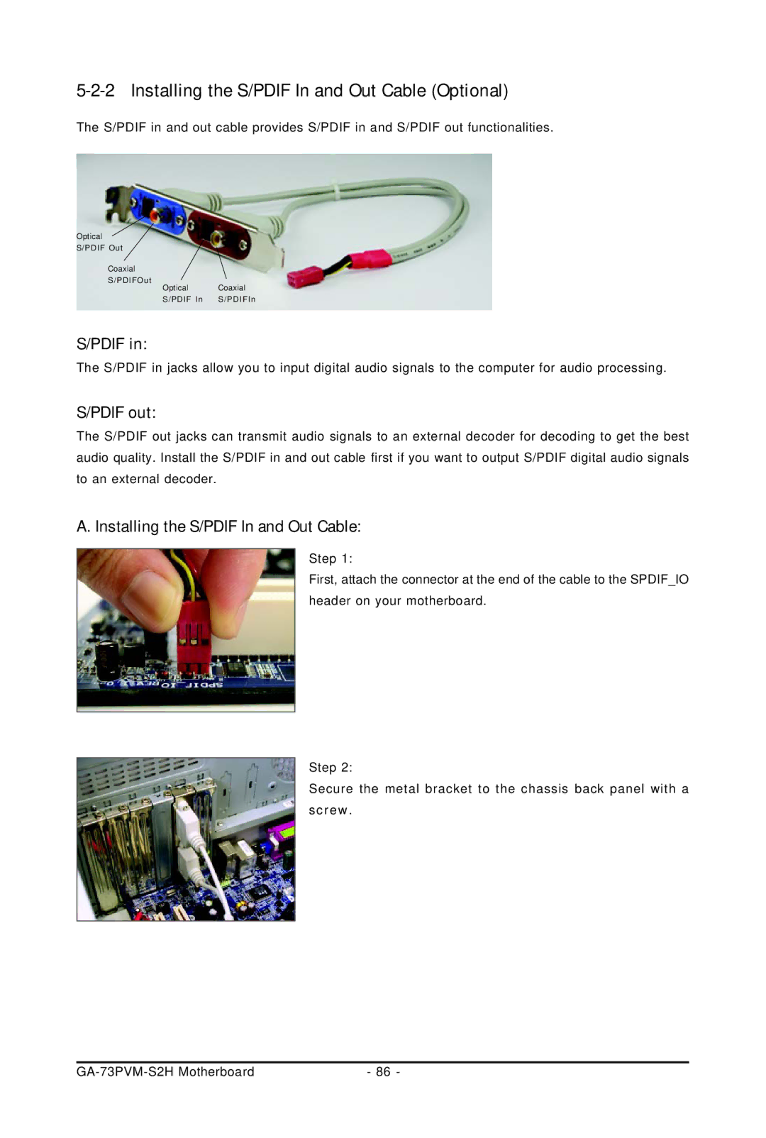 Gigabyte GA-73PVM-S2H user manual Installing the S/PDIF In and Out Cable Optional, Pdif out 