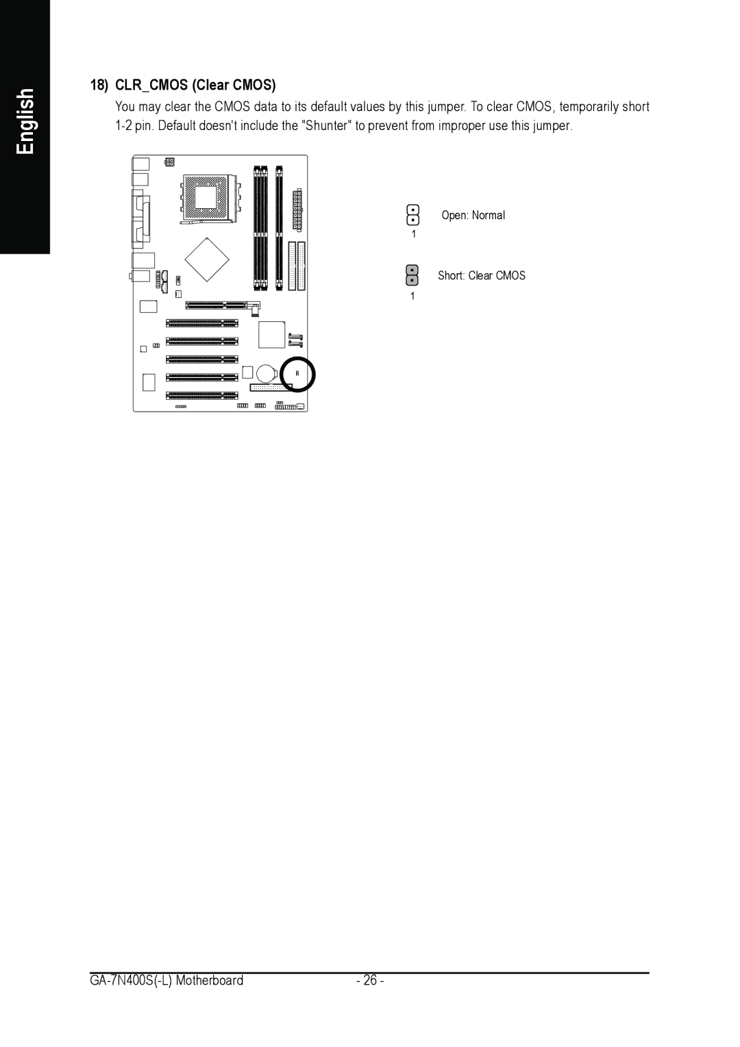 Gigabyte GA-7N400S-L user manual Clrcmos Clear Cmos 