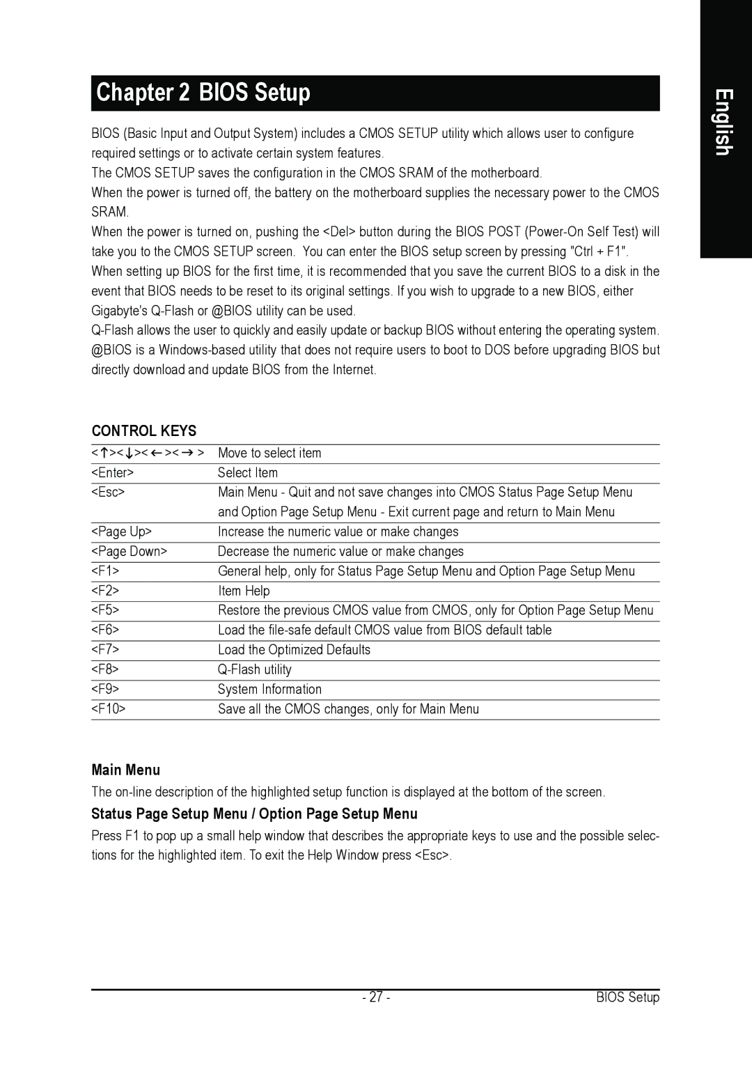 Gigabyte GA-7N400S-L user manual Main Menu, Status Page Setup Menu / Option Page Setup Menu 