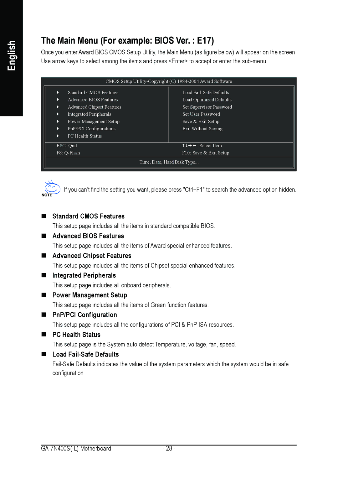 Gigabyte GA-7N400S-L user manual Main Menu For example Bios Ver. E17 