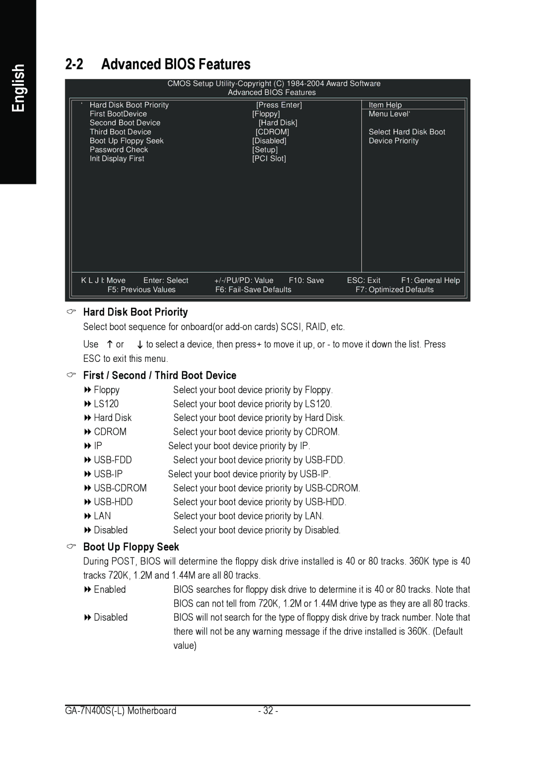 Gigabyte GA-7N400S-L user manual Advanced Bios Features, Hard Disk Boot Priority, First / Second / Third Boot Device 