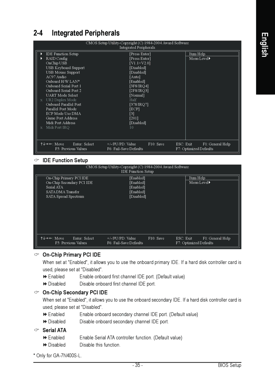 Gigabyte GA-7N400S-L user manual Integrated Peripherals, On-Chip Primary PCI IDE, On-Chip Secondary PCI IDE, Serial ATA 