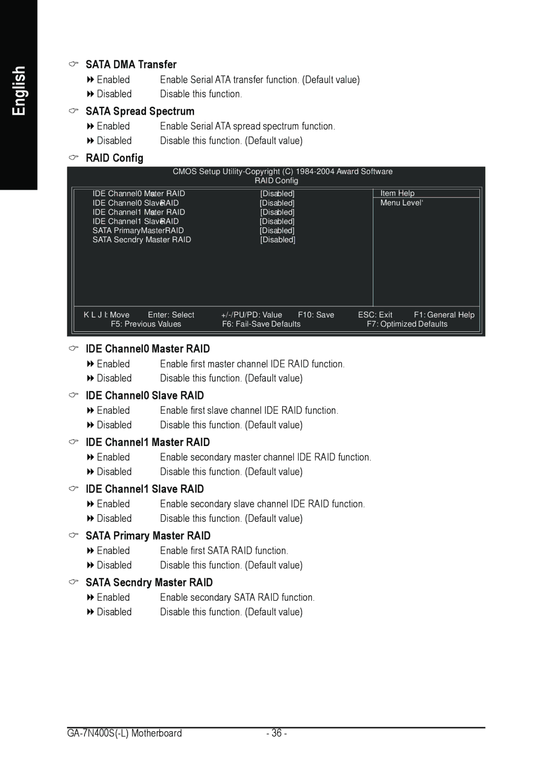 Gigabyte GA-7N400S-L user manual Sata DMA Transfer, Sata Spread Spectrum, RAID Config 