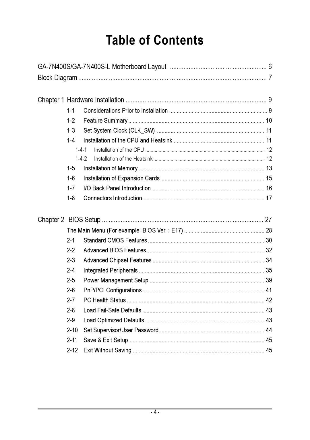 Gigabyte GA-7N400S-L user manual Table of Contents 