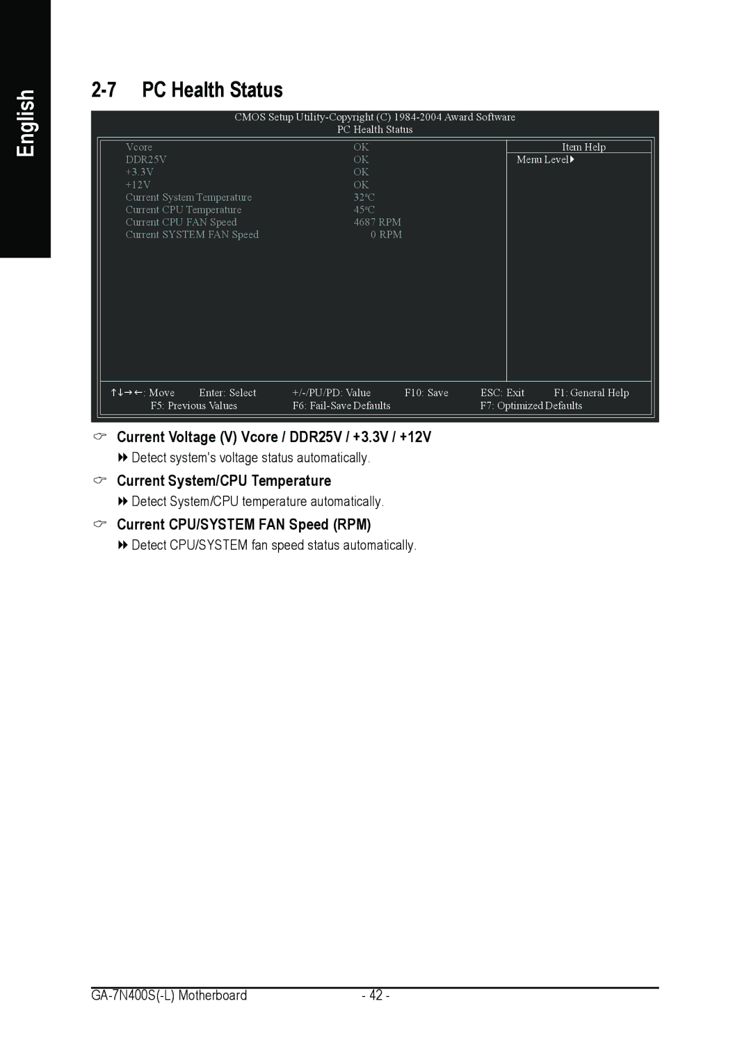 Gigabyte GA-7N400S-L PC Health Status, Current Voltage V Vcore / DDR25V / +3.3V / +12V, Current System/CPU Temperature 