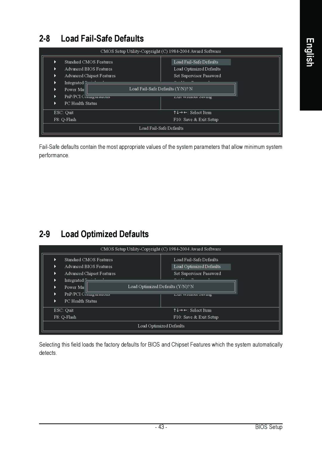 Gigabyte GA-7N400S-L user manual Load Fail-Safe Defaults, Load Optimized Defaults 