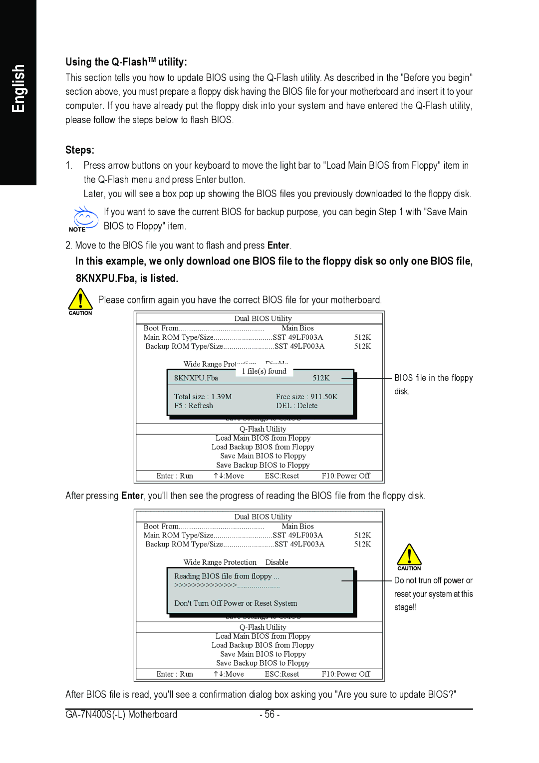 Gigabyte GA-7N400S-L user manual Using the Q-FlashTMutility, Steps 