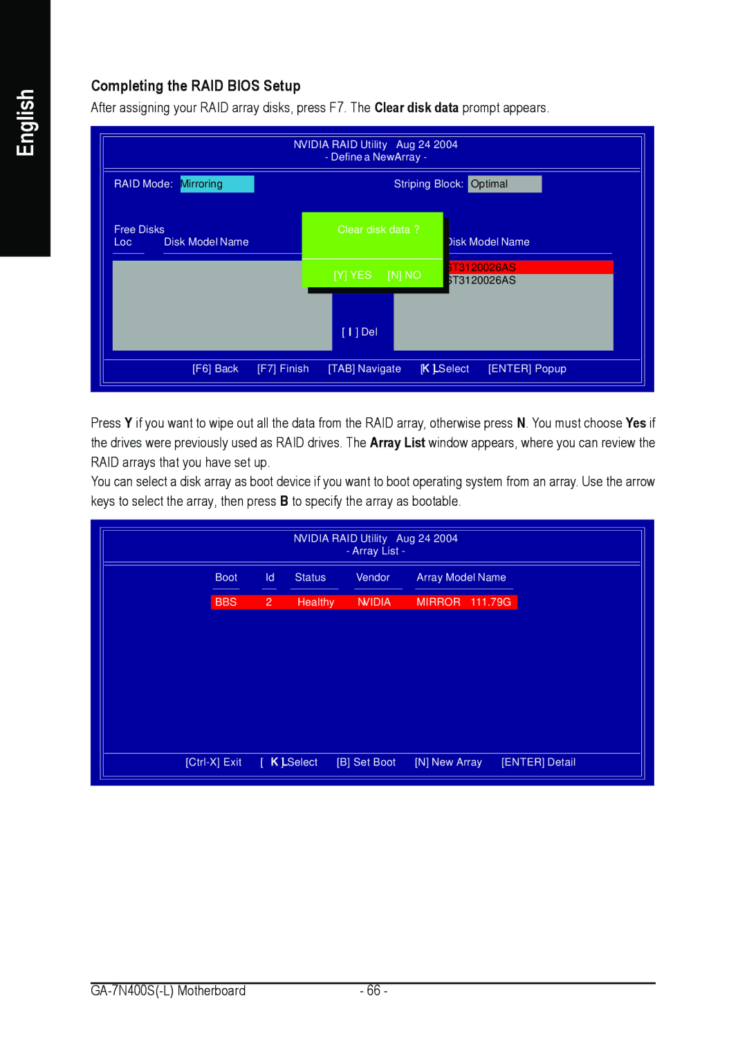 Gigabyte GA-7N400S-L user manual Completing the RAID Bios Setup 