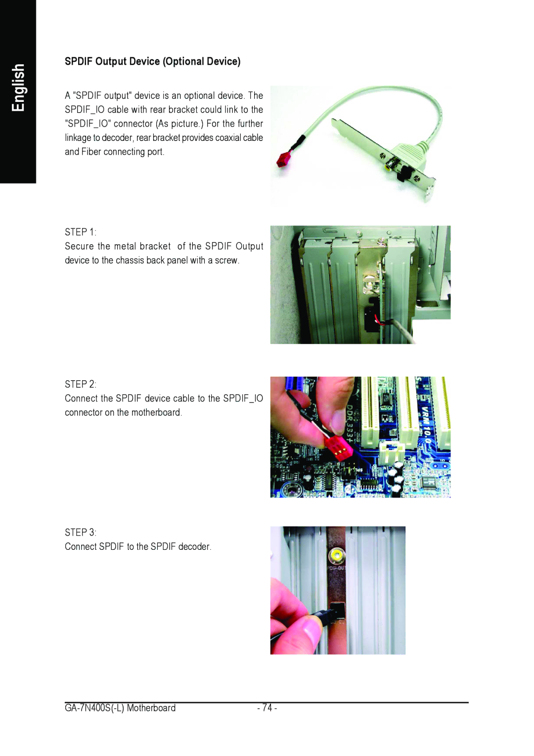 Gigabyte GA-7N400S-L user manual Spdif Output Device Optional Device 