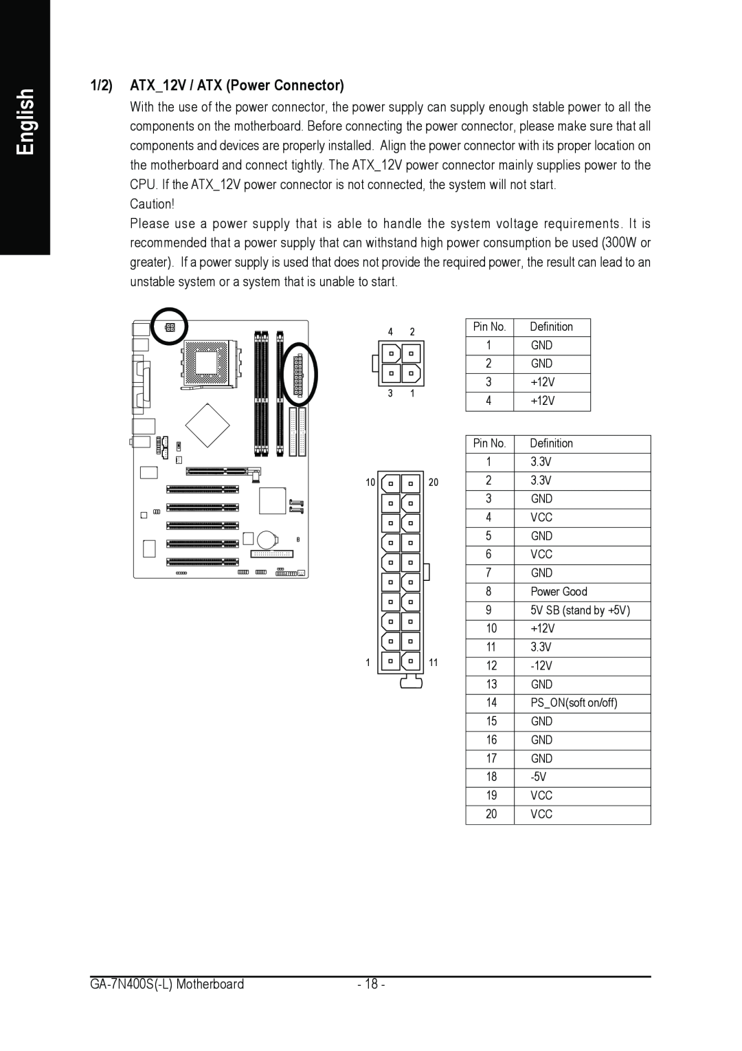 Gigabyte GA-7N400S-L user manual 1/2 ATX12V / ATX Power Connector, English 