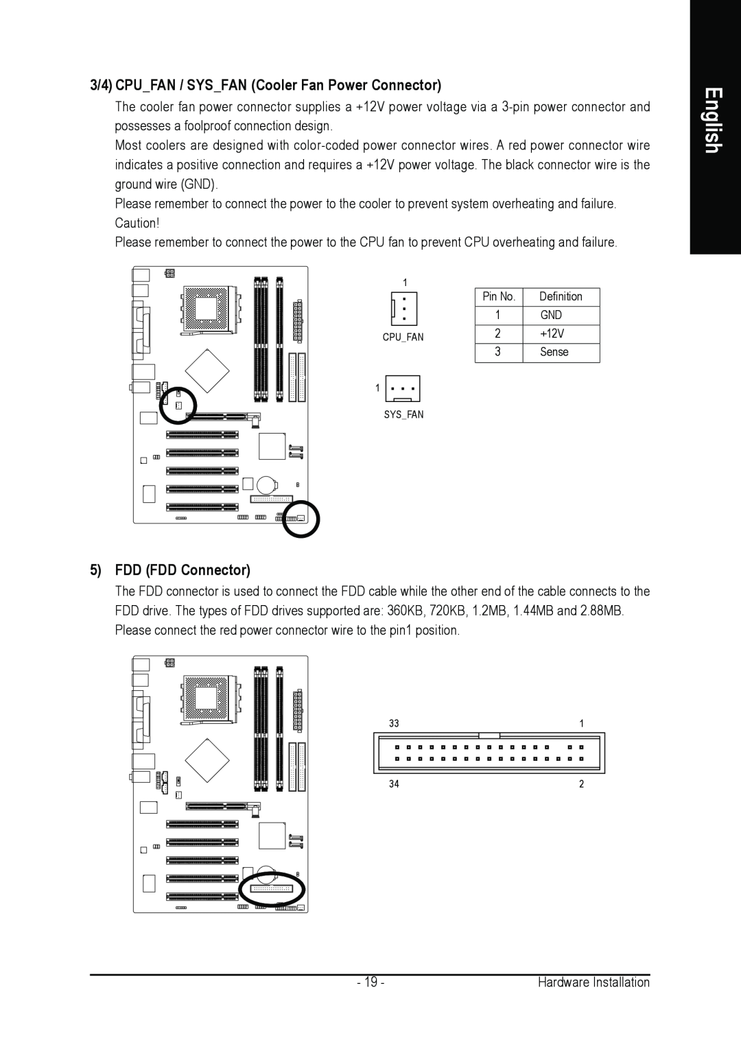 Gigabyte GA-7N400S-L user manual 3/4 CPUFAN / SYSFAN Cooler Fan Power Connector, FDD FDD Connector, English 