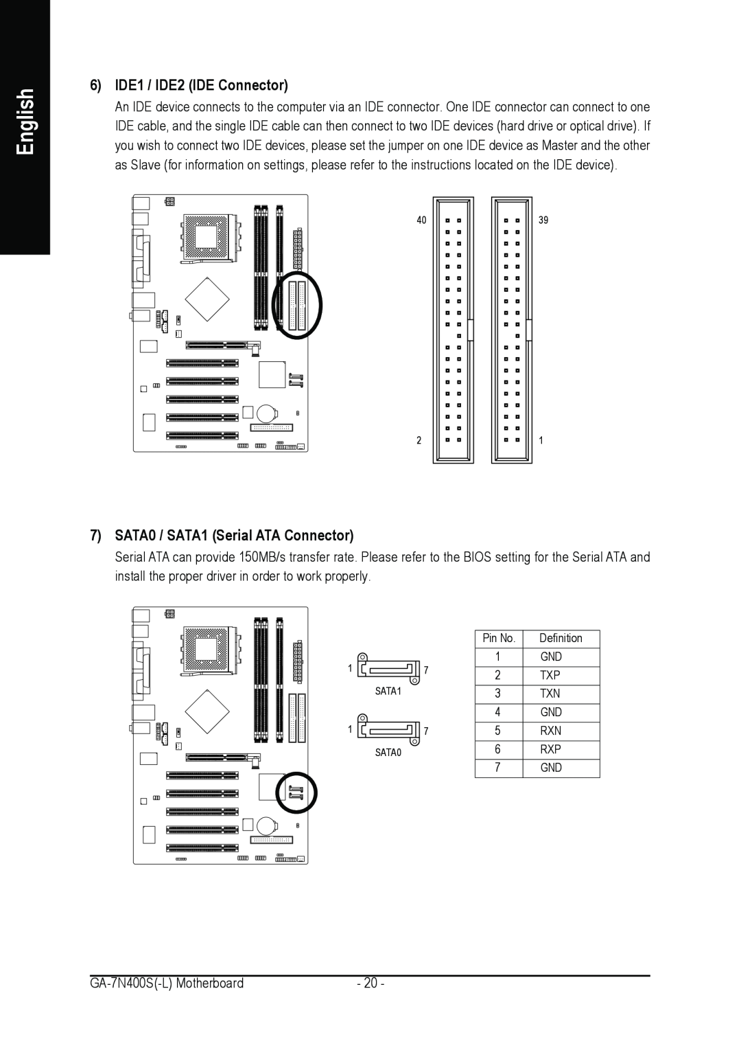 Gigabyte GA-7N400S-L user manual 6 IDE1 / IDE2 IDE Connector, SATA0 / SATA1 Serial ATA Connector, English 