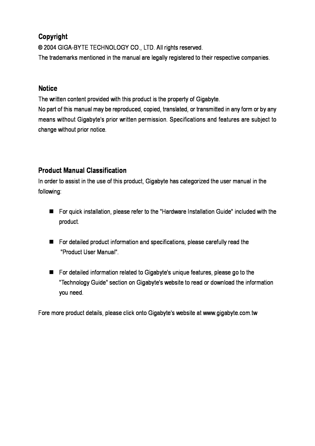Gigabyte GA-7N400S-L user manual Copyright, Product Manual Classification 