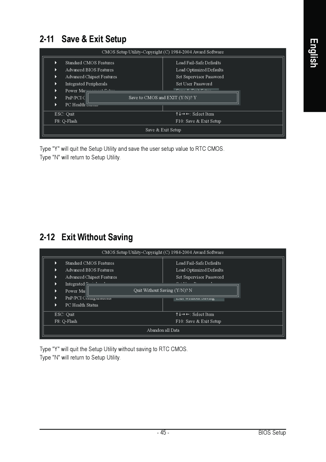 Gigabyte GA-7N400S-L user manual Save & Exit Setup, Exit Without Saving, English, Type N will return to Setup Utility 