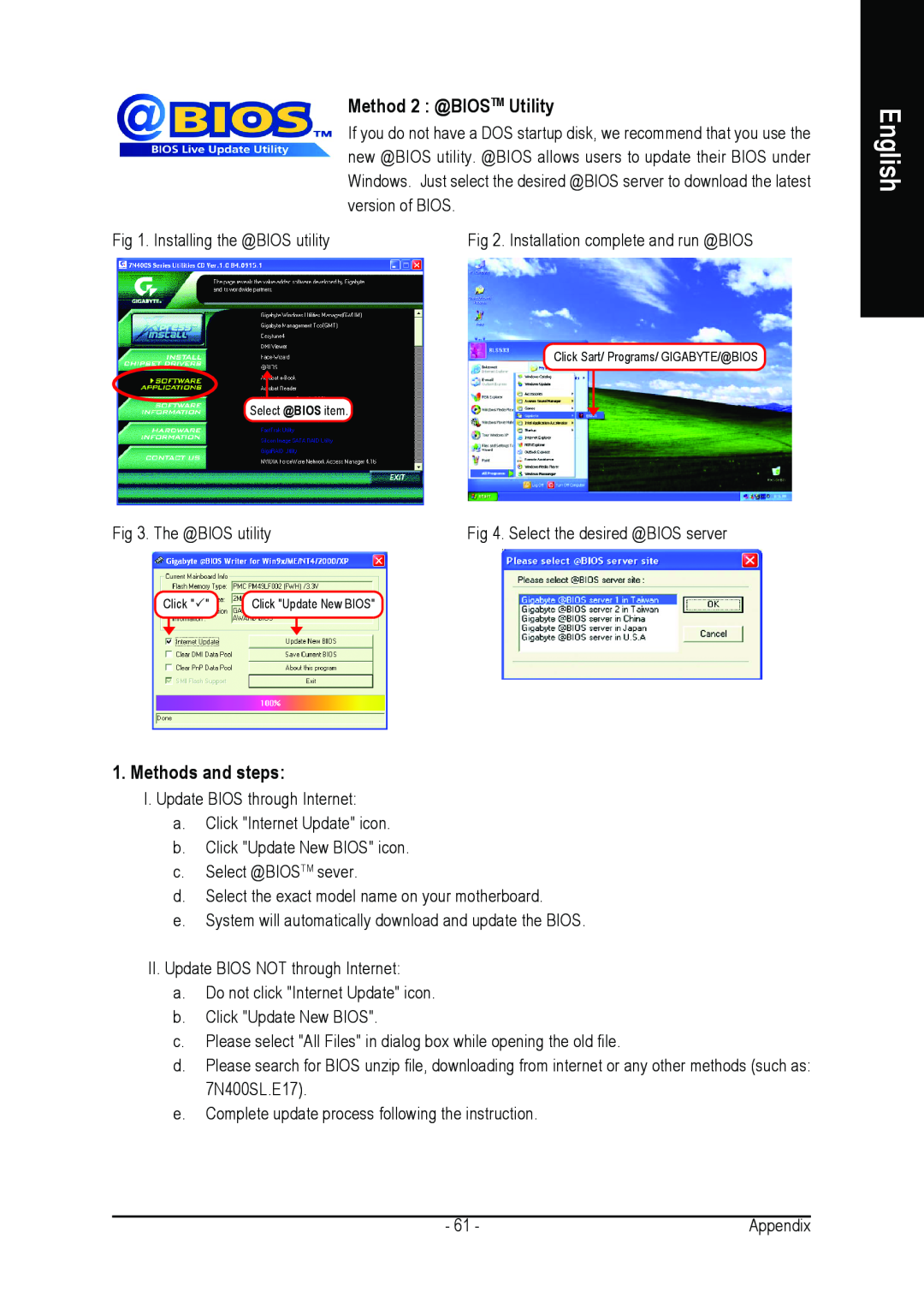 Gigabyte GA-7N400S-L user manual Method 2 @BIOSTM Utility, Methods and steps, English 