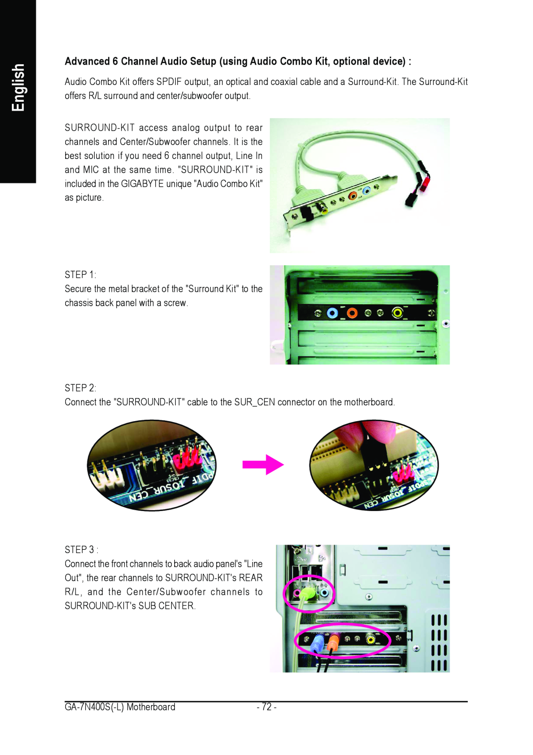 Gigabyte GA-7N400S-L user manual Advanced 6 Channel Audio Setup using Audio Combo Kit, optional device, English 