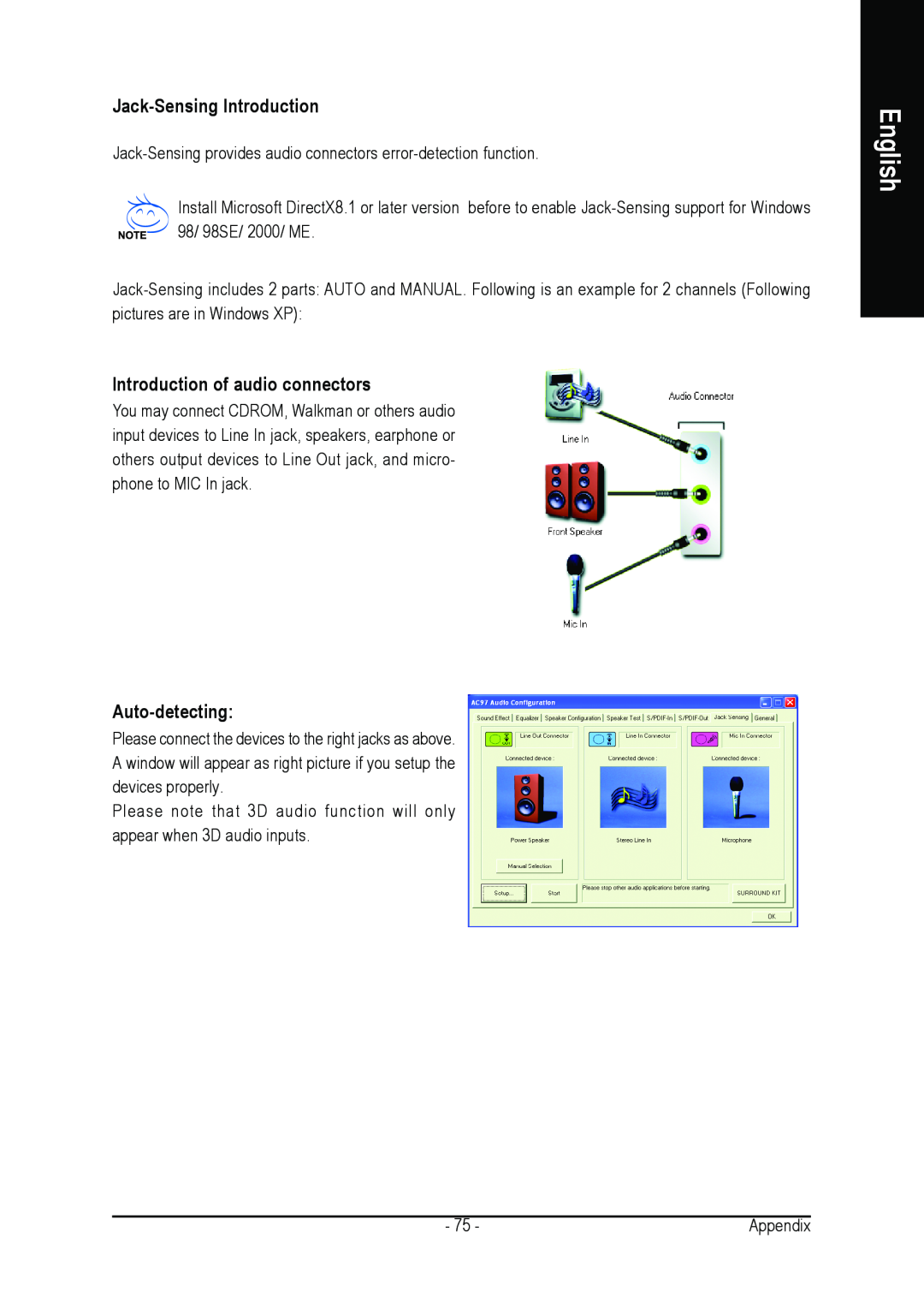 Gigabyte GA-7N400S-L user manual Jack-Sensing Introduction, Introduction of audio connectors, Auto-detecting, English 