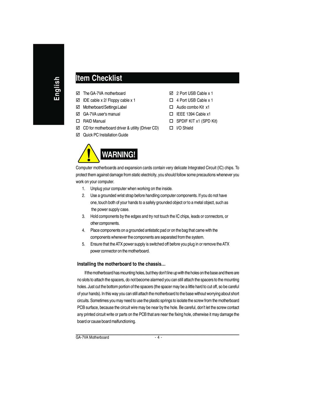 Gigabyte GA-7VA manual Item Checklist, English, Installing the motherboard to the chassis… 