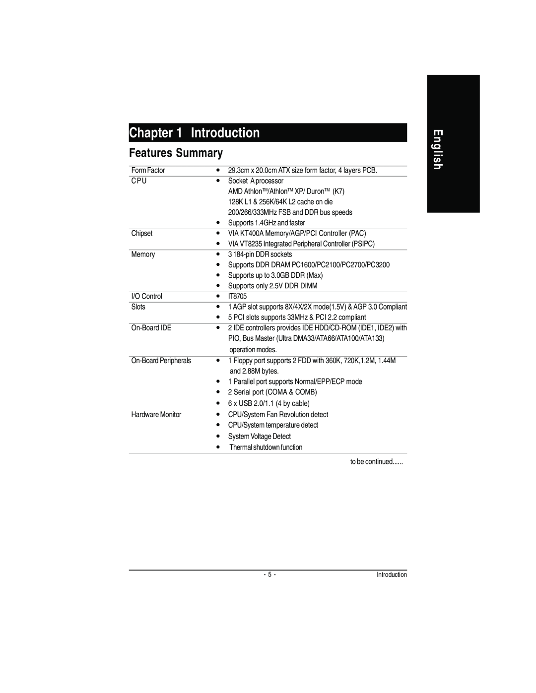 Gigabyte GA-7VA manual Introduction, Features Summary, English 