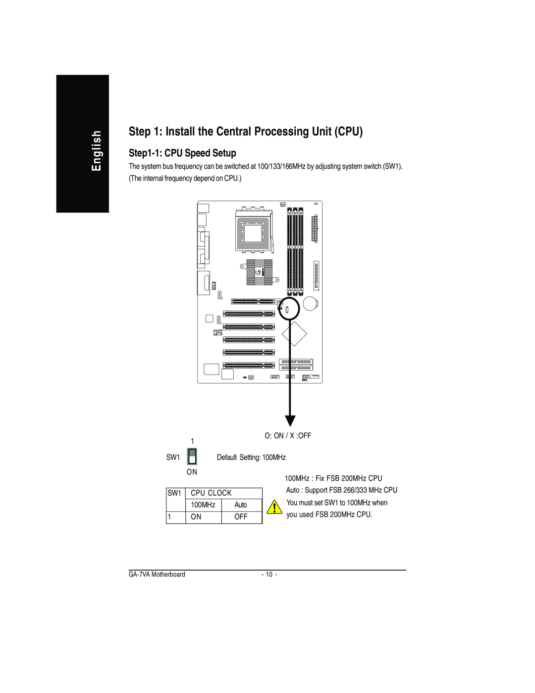 Gigabyte GA-7VA manual Install the Central Processing Unit CPU, English, 1 CPU Speed Setup 