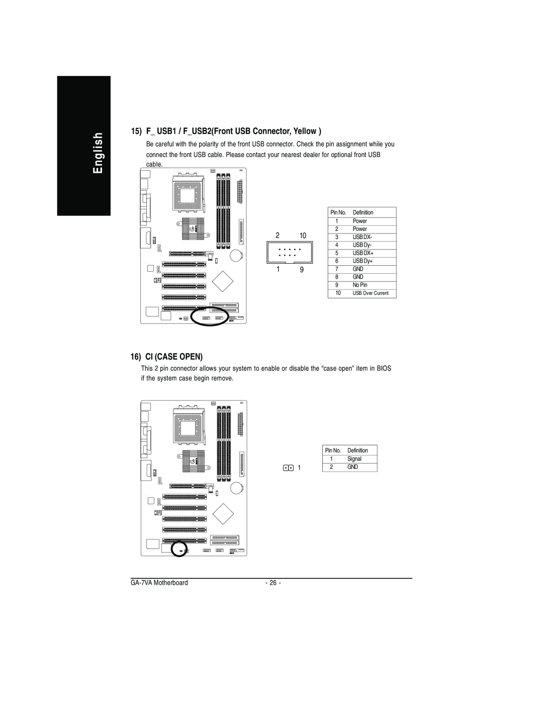 Gigabyte GA-7VA manual English, F USB1 / FUSB2Front USB Connector, Yellow, Ci Case Open, USB Over Current 