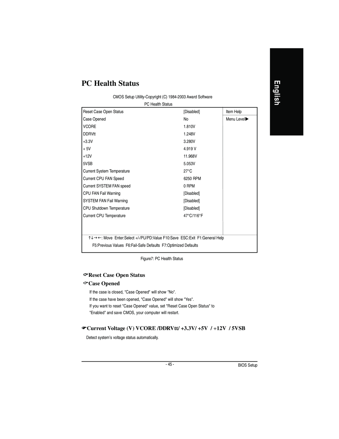 Gigabyte GA-7VA manual PC Health Status, English, CReset Case Open Status CCase Opened 