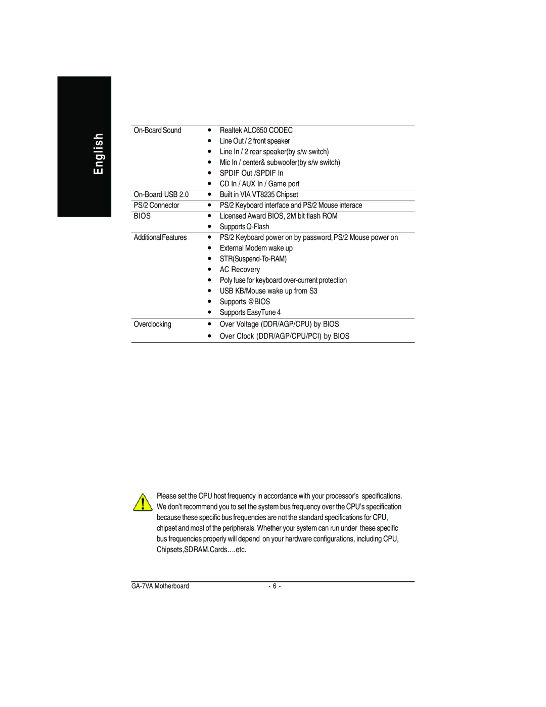 Gigabyte GA-7VA manual Licensed Award BIOS, 2M bit flash ROM, Supports Q-Flash, Additional Features, External Modem wake up 