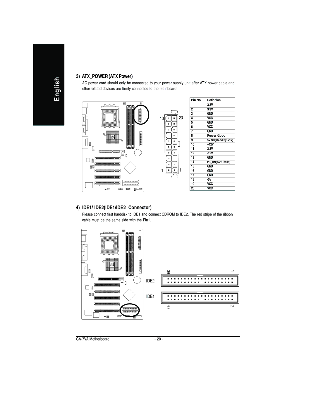 Gigabyte GA-7VA manual Atxpower ATX Power, IDE1/ IDE2IDE1/IDE2 Connector 