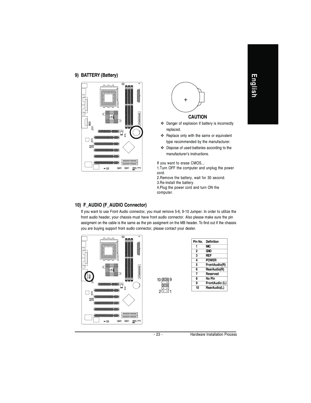 Gigabyte GA-7VA manual Battery Battery, Faudio Faudio Connector 