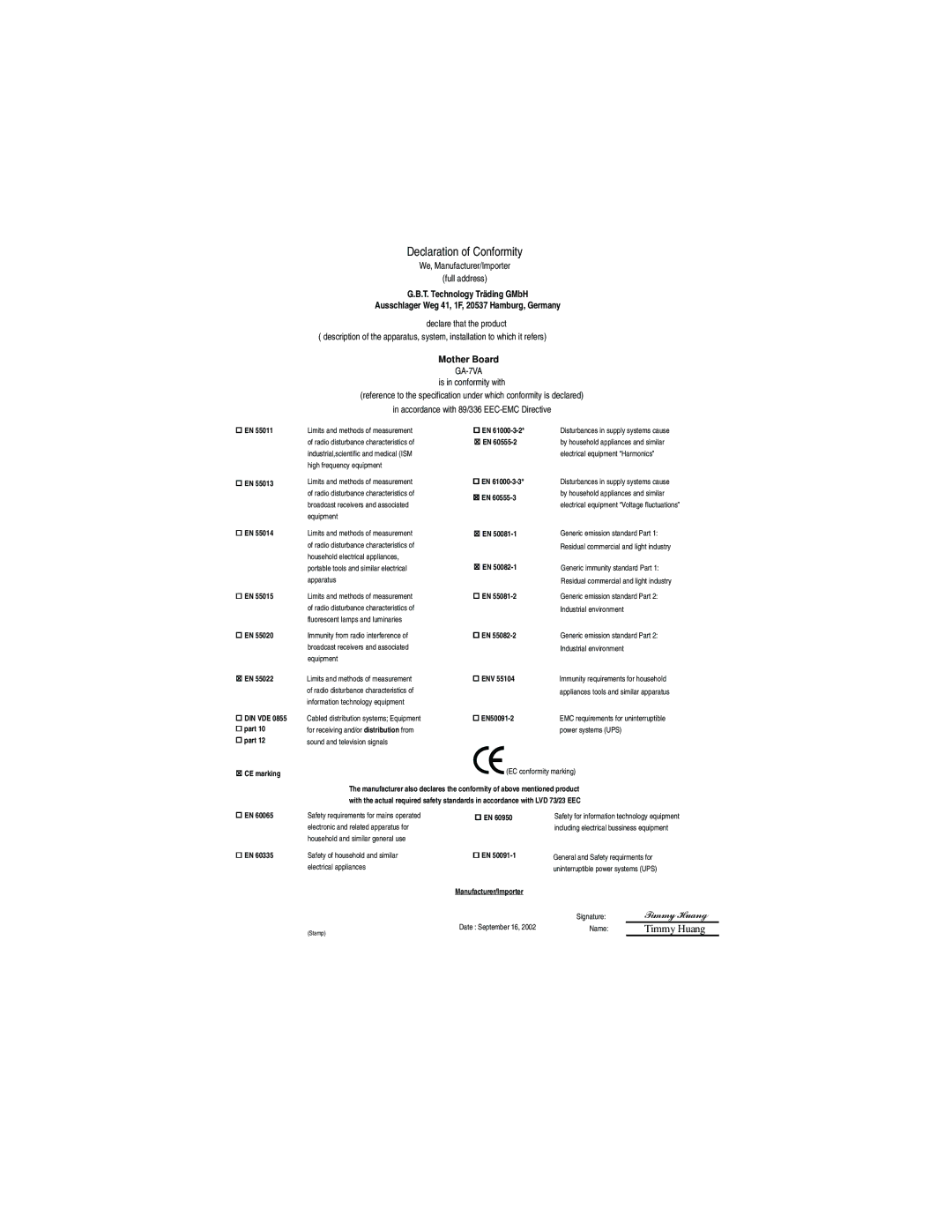 Gigabyte GA-7VA manual Declaration of Conformity 