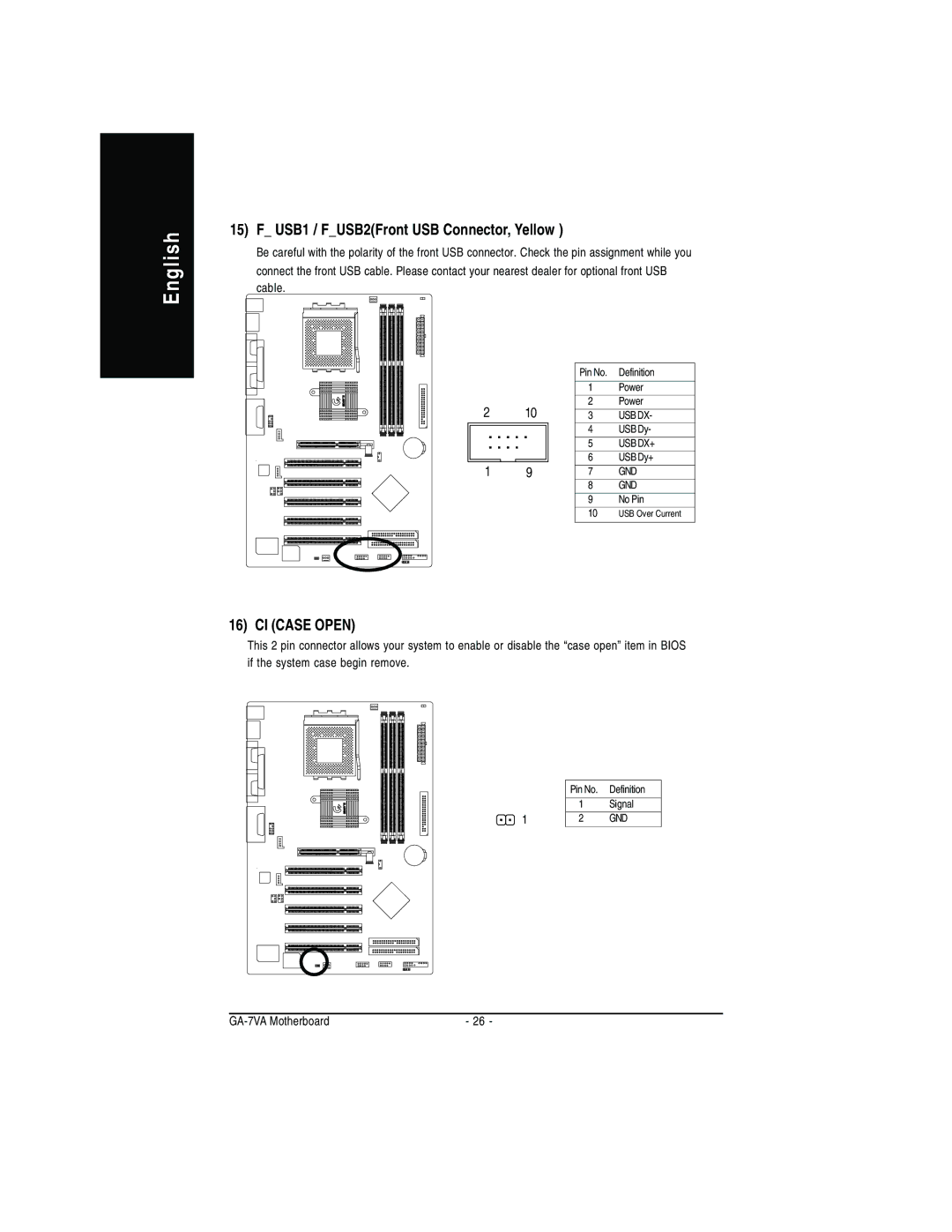 Gigabyte GA-7VA manual USB1 / FUSB2Front USB Connector, Yellow, CI Case Open 